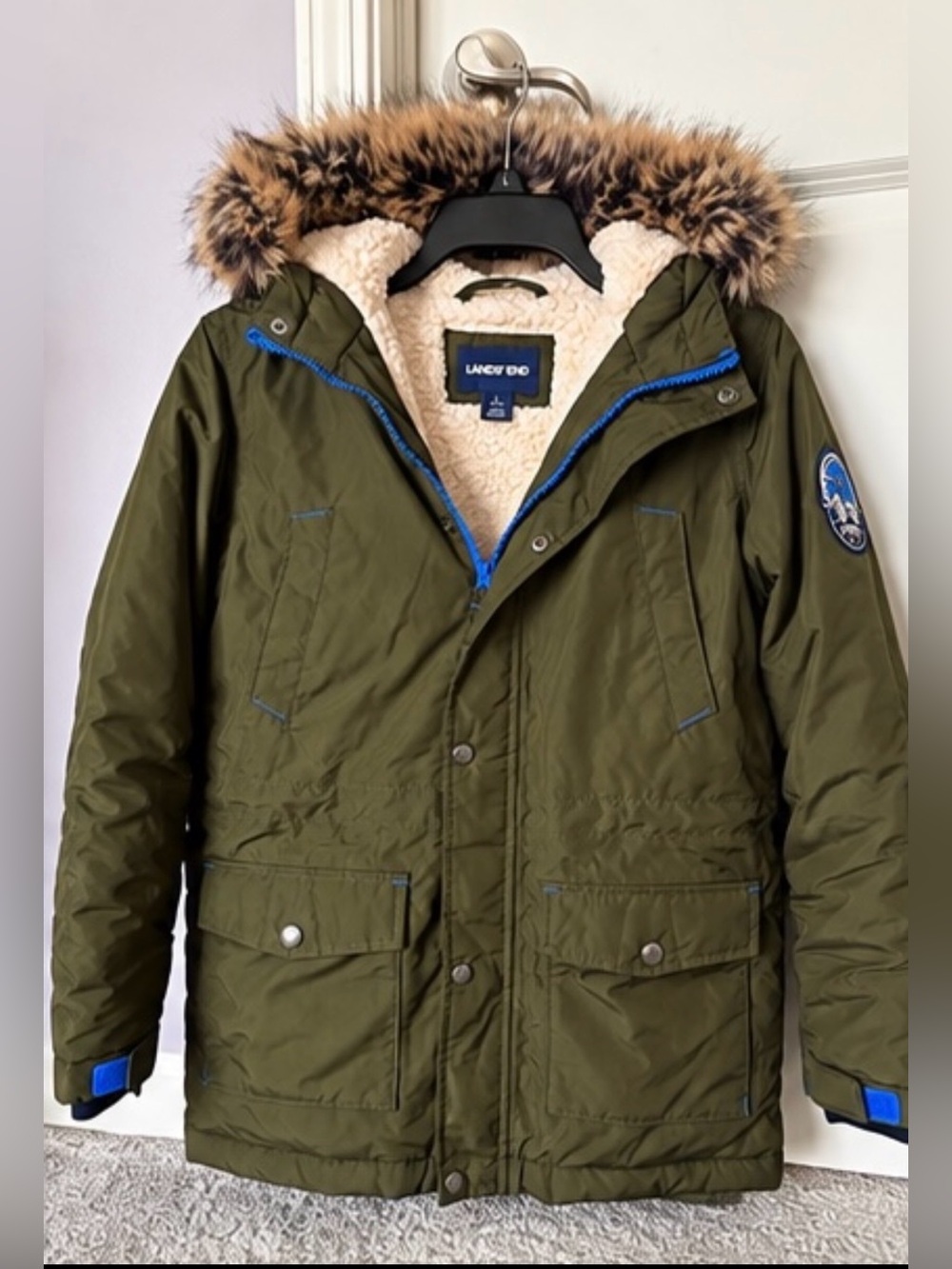 Lands' End Olive Green Hooded Parka with Faux Fur Trim and Blue Accents